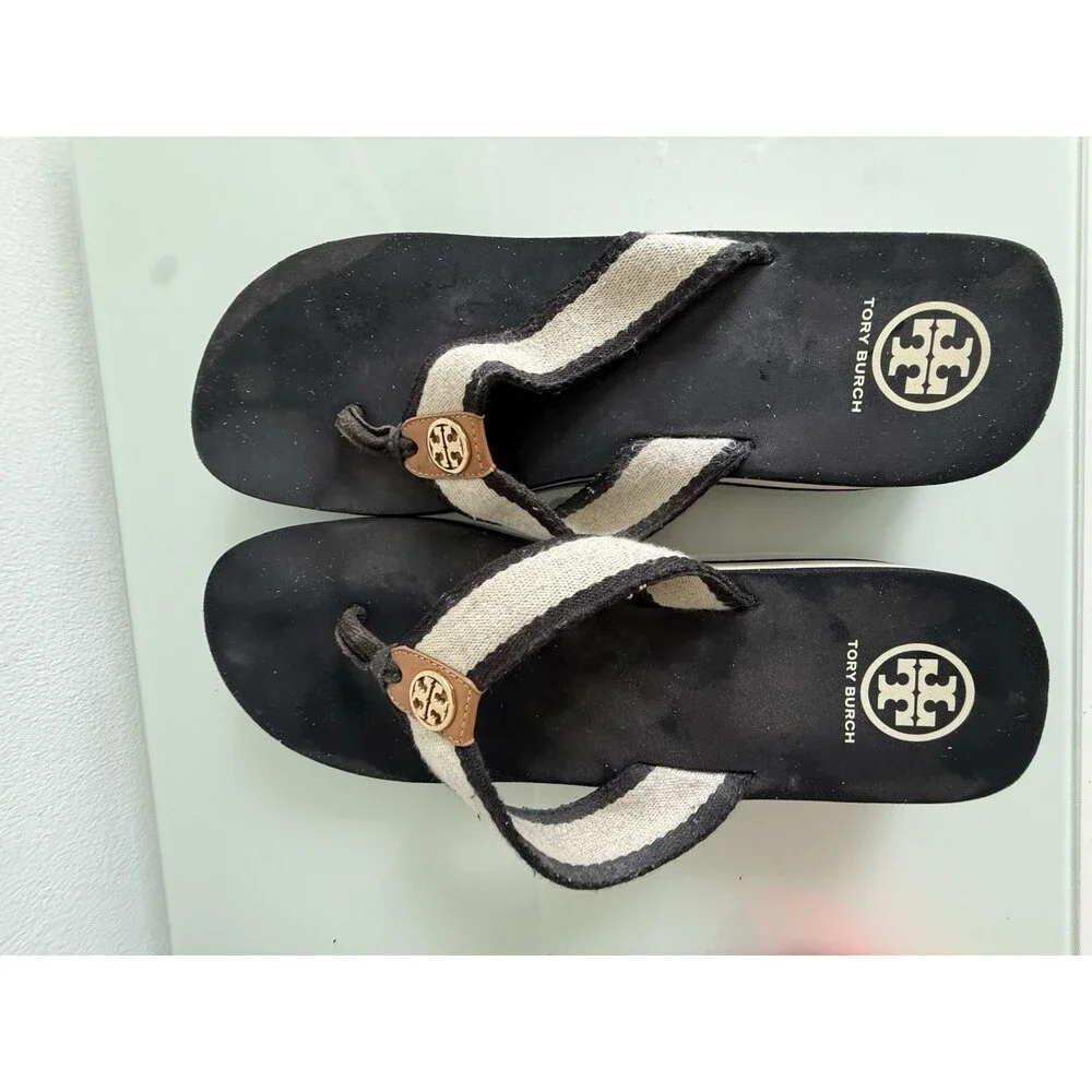 Tory Burch Flip Flop Sandals Black Cream Logo Thong Summer Beach Slides 10